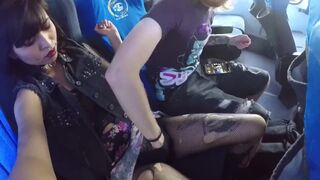 Latin girl masturbate and blowjob at public bus