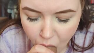Cute girl sucks out big load of cum onto her face