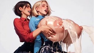two horny young AI secretaries milk each other's plump milk udders